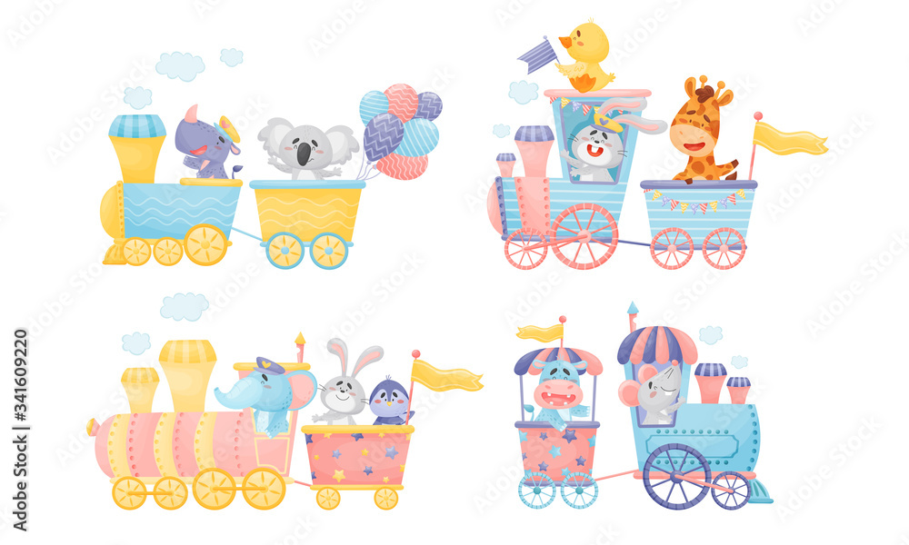 Fototapeta premium Funny Animals Holding Party Balloons Riding Locomotive Vector Set