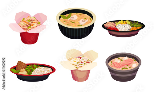 Asian Food with Noodle and Soup in Carton Boxes and Bowls Vector Set