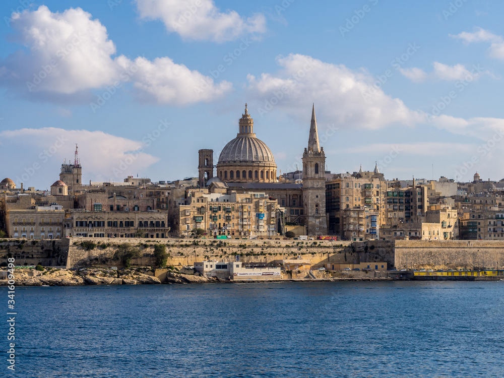 Sea view of Valletta city - the capital of Malta with Basilica of Our Lady of Mount Carmel in Valletta, Malta.