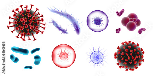 Set of microscopic 3d bacteria and viruses. Microbiology vector bacterium and Bifidobacterium germ isolated. Medical virus molecule illustration