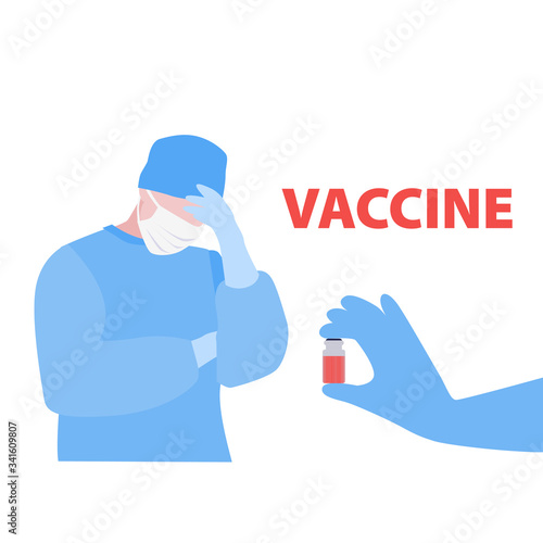 Vector handdrawn illustration of nurse or doctor in mask and gloved hand with ampoule with the vaccine. Medical, search for a cure concept
