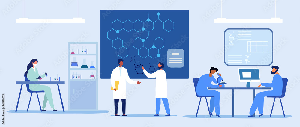 Panorama banner of a research laboratory with a diverse group of scientists working on research, microscope, testing and discussing a diagram of a molecule in blue tones, vector illustration Panorama banner of a research laboratory with a diverse group of scientists working on research, microscope, testing and discussing a diagram of a molecule in blue tones, vector illustration