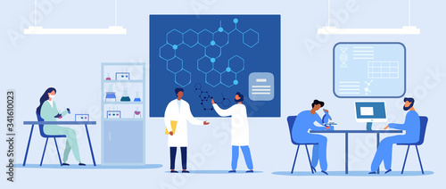 Panorama banner of a research laboratory with a diverse group of scientists working on research, microscope, testing and discussing a diagram of a molecule in blue tones, vector illustration