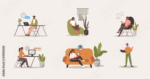 People Characters Working at Home Office.  Freelancers Working on Computers, Laptops, Smartphones and Talking with Colleagues Online. Home Office Concept.  Flat Cartoon Vector Illustration.