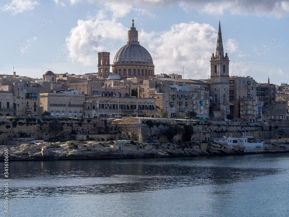 Sea view of Valletta city - the capital of Malta with Basilica of Our Lady of Mount Carmel in Valletta, Malta.