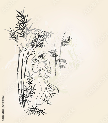 woman kimono walk vector card japanese chinese nature ink illustration engraved sketch traditional textured