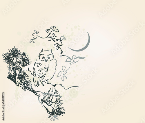 owl vector card japanese chinese nature ink illustration engraved sketch traditional textured
