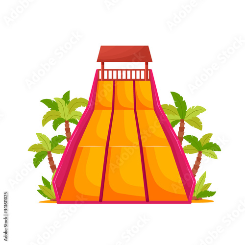 Water park with colored waterslide for kids activity. Summer attraction in an aquapark for relaxation and fun, isolated on white background, vector illustration