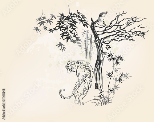 tiger bamboo vector card japanese chinese nature ink illustration engraved sketch traditional textured