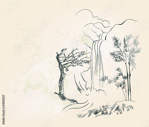 waterfall vector card japanese chinese nature ink illustration engraved sketch traditional textured