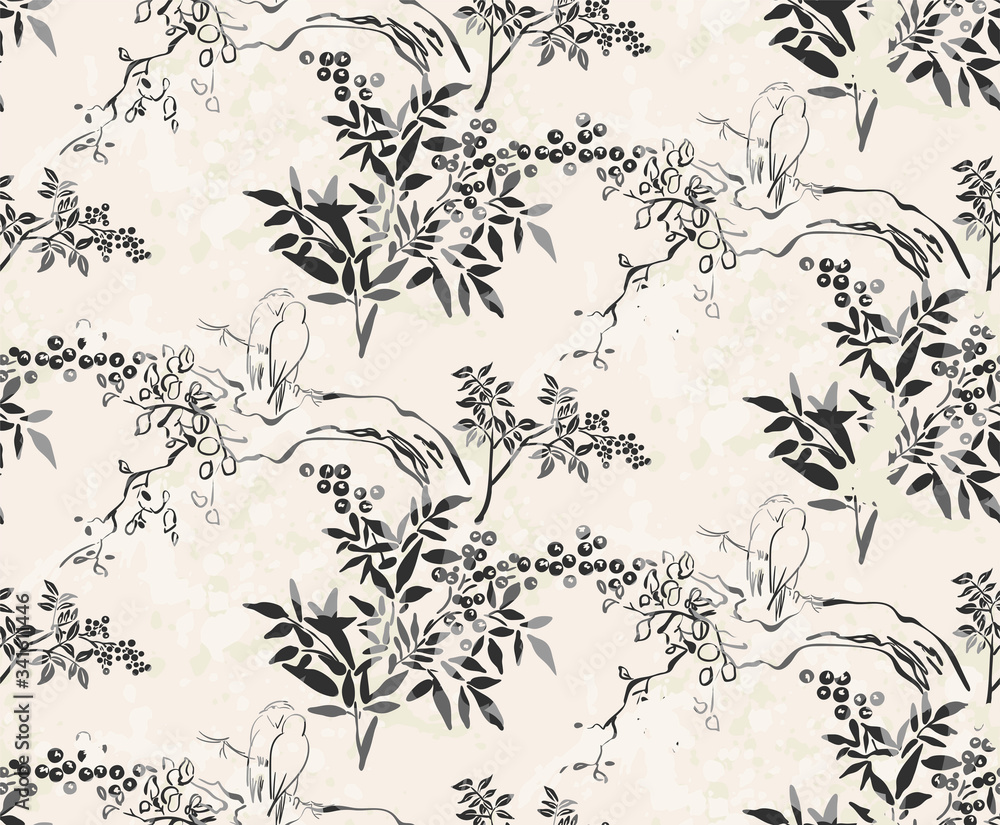tiny birds vector japanese chinese nature ink illustration engraved sketch traditional textured seamless pattern tiny birds vector japanese chinese nature ink illustration engraved sketch traditional textured seamless pattern