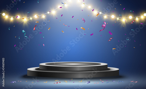 Winner background with signs of first  second and third place on a round pedestal. Vector winner podium sports symbols.