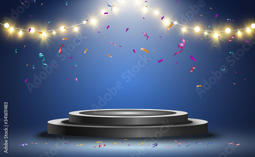Winner background with signs of first, second and third place on a round pedestal. Vector winner podium sports symbols.
