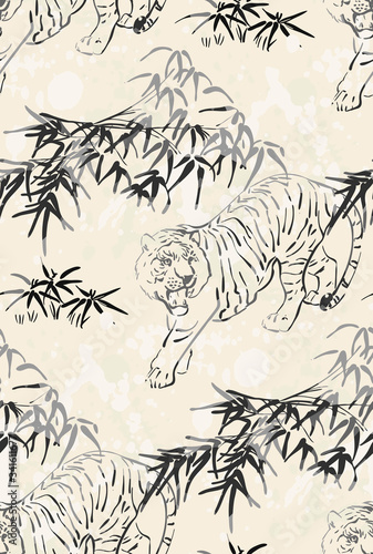 tiger vector japanese chinese nature ink illustration engraved sketch traditional textured seamless pattern