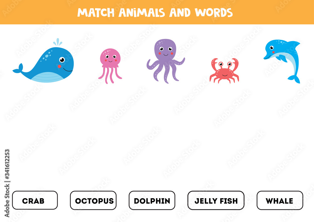 Matching words game for kids. Cute cartoon sea animals.