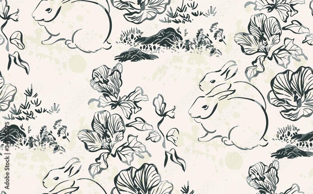 rabbit cute flower vector japanese chinese nature ink illustration engraved sketch traditional textured seamless pattern