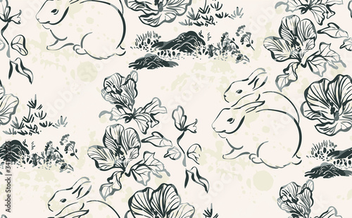 Wallpaper Mural rabbit cute flower vector japanese chinese nature ink illustration engraved sketch traditional textured seamless pattern Torontodigital.ca
