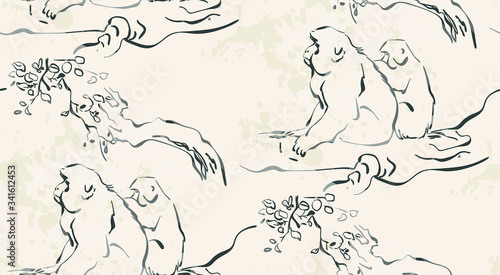 Photography monkey forest vector japanese chinese nature ink illustration engraved sketch tr