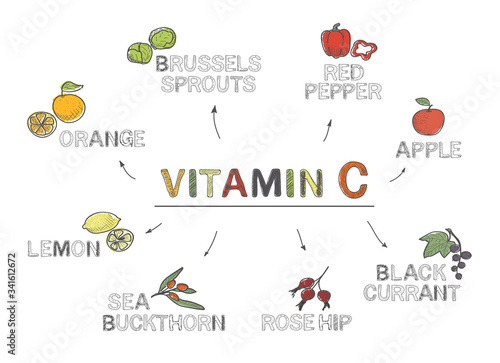 Vitamin C, infographics. Foods rich in vitamin C. natural products, fruits, vegetables on white background. Healthy lifestyle concept