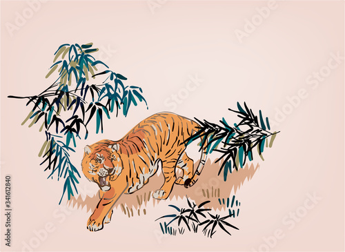 tiger vector japanese chinese nature ink illustration engraved sketch traditional textured seamless pattern colorful watercolor