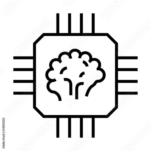 Artificial intelligence brain on computer chip. Machine learning icon. Line design for AI concept.