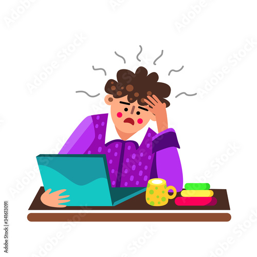 Bored Character Man Working With Laptop Vector