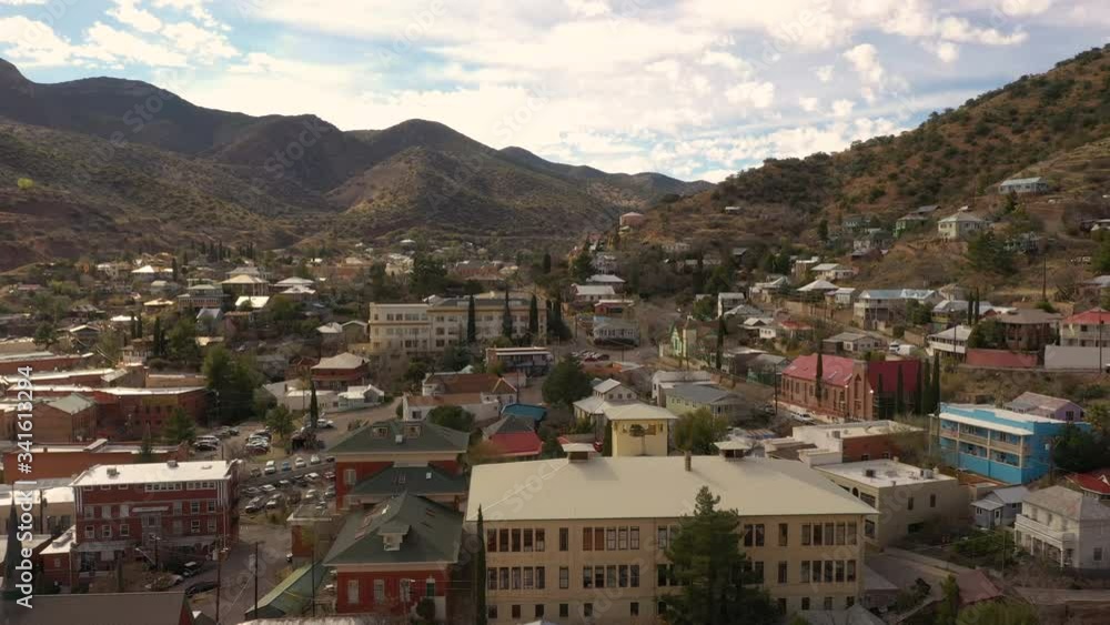 Flying Over Old Buildings In The Copper City Bisbee, Arizona, USA Surrounded In Mule Mountains.- aerial shot Flying Over Old Buildings In The Copper City Bisbee, Arizona, USA Surrounded In Mule Mountains.- aerial shot