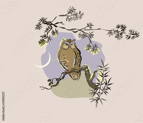 owl vector card japanese chinese nature ink illustration engraved sketch traditional textured colorful watercolor