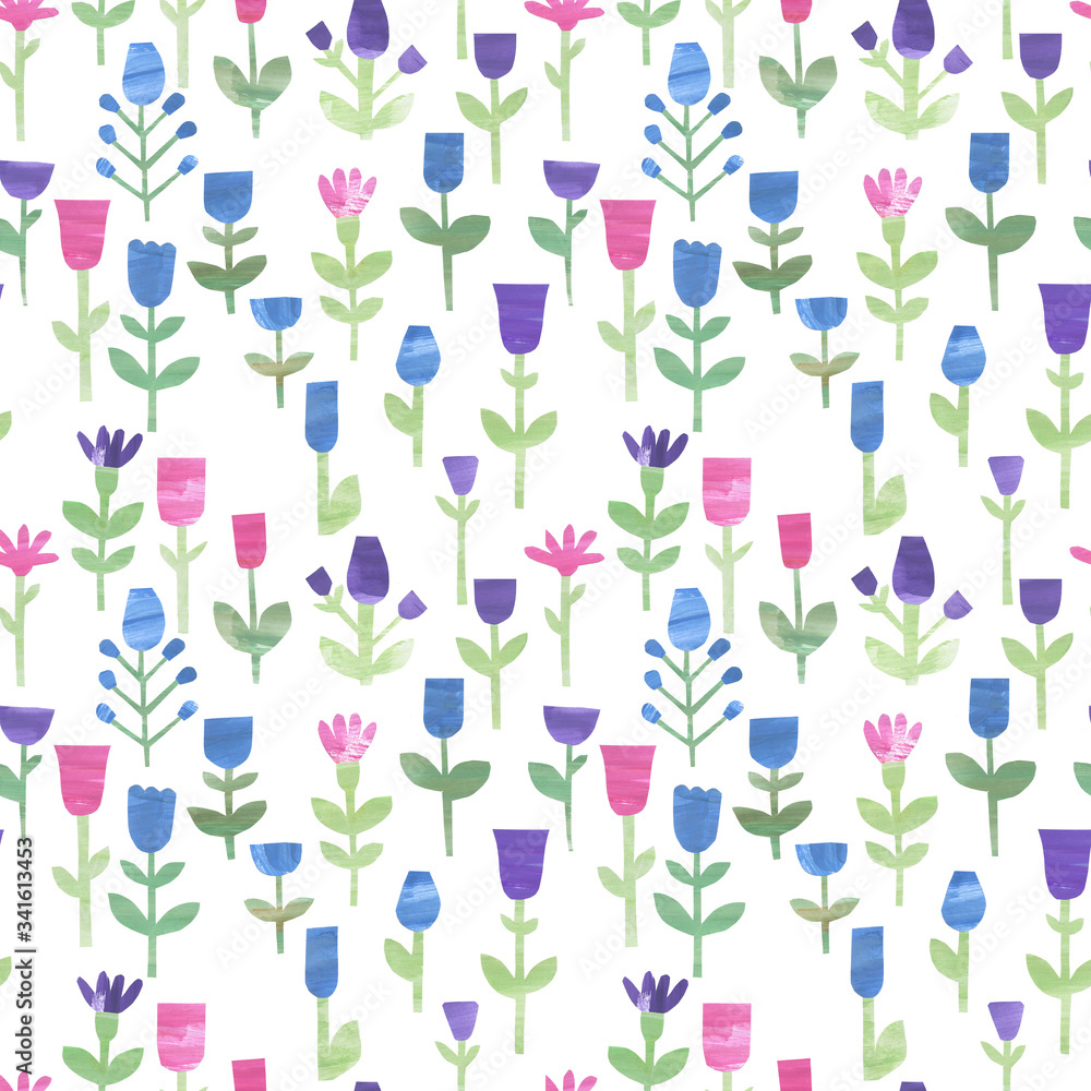 Seamless botanical pattern. Collage made from flowers cut out from colored paper on white background. Watercolor painting. Petals, leaves, stems. Green, pink, blue and purple colors.
Seamless botanical pattern. Collage made from flowers cut out from colored paper on white background. Watercolor painting. Petals, leaves, stems. Green, pink, blue and purple colors.