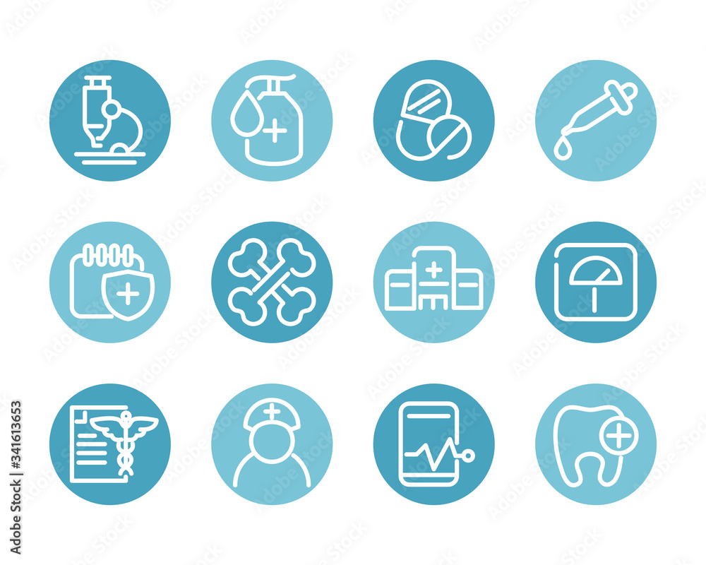 medical and health care equipment assistance icon set block style medical and health care equipment assistance icon set block style
