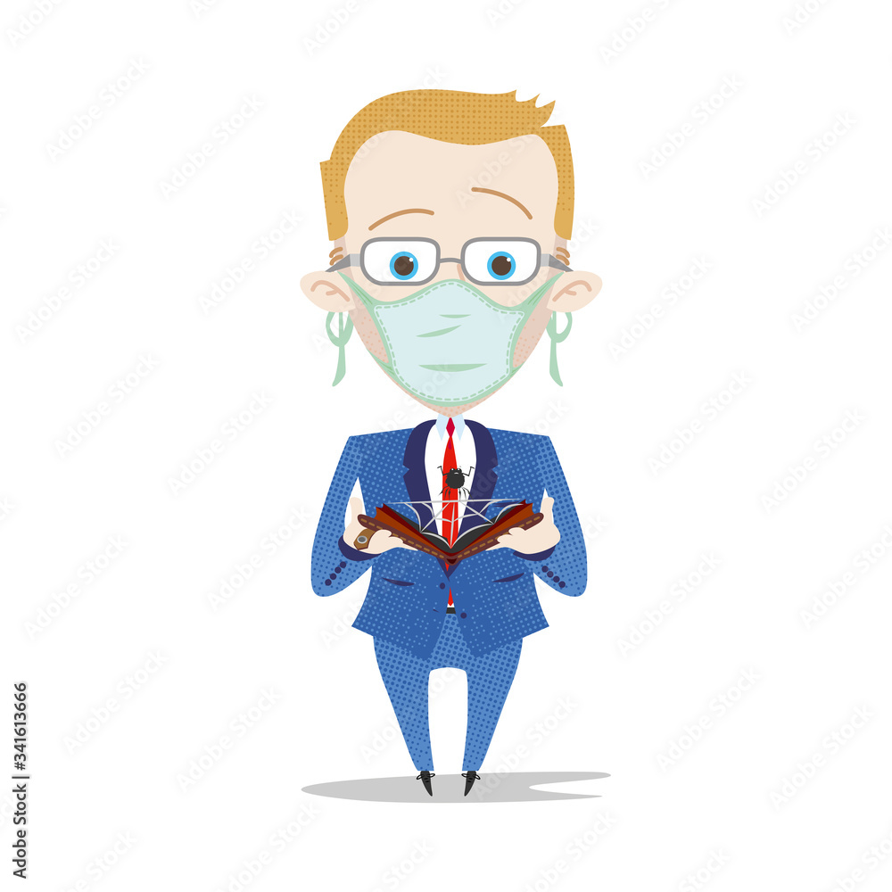 Businessman wearin face mask showing empty wallet with a spider