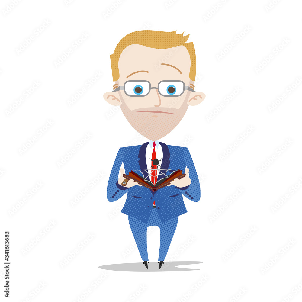 Businessman showing empty wallet with a spider
