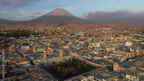 aerial shot of arequipa city in peru with a volcano photo
