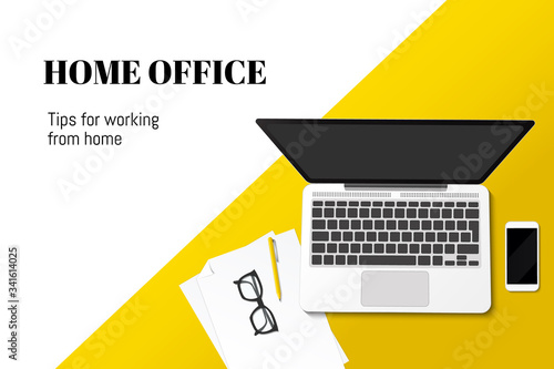 Workplace vector mock up set. Flat lay top view on realistic mobile phone, laptop, glasses and pen. Home office tips during coronavirus pandemic. Freelance and studying concept.