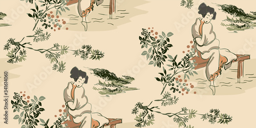 woman girl kimono vector japanese chinese nature ink illustration engraved sketch traditional textured seamless pattern colorful watercolor