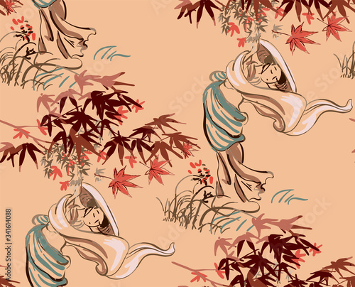woman girl kimono vector japanese chinese nature ink illustration engraved sketch traditional textured seamless pattern colorful watercolor