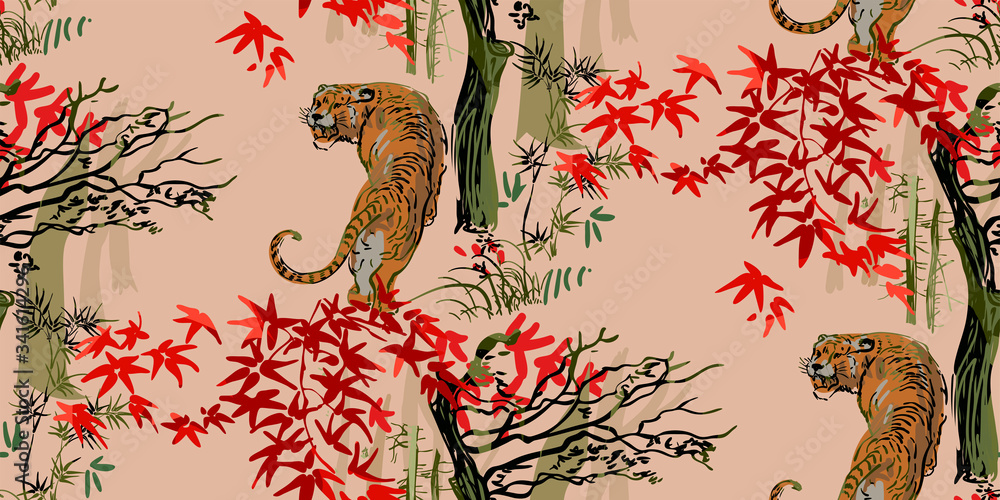 tiger vector japanese chinese nature ink illustration engraved sketch ...