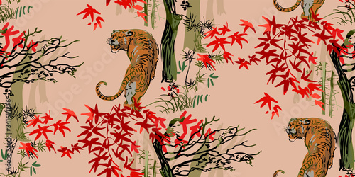 tiger vector japanese chinese nature ink illustration engraved sketch traditional textured seamless pattern colorful watercolor