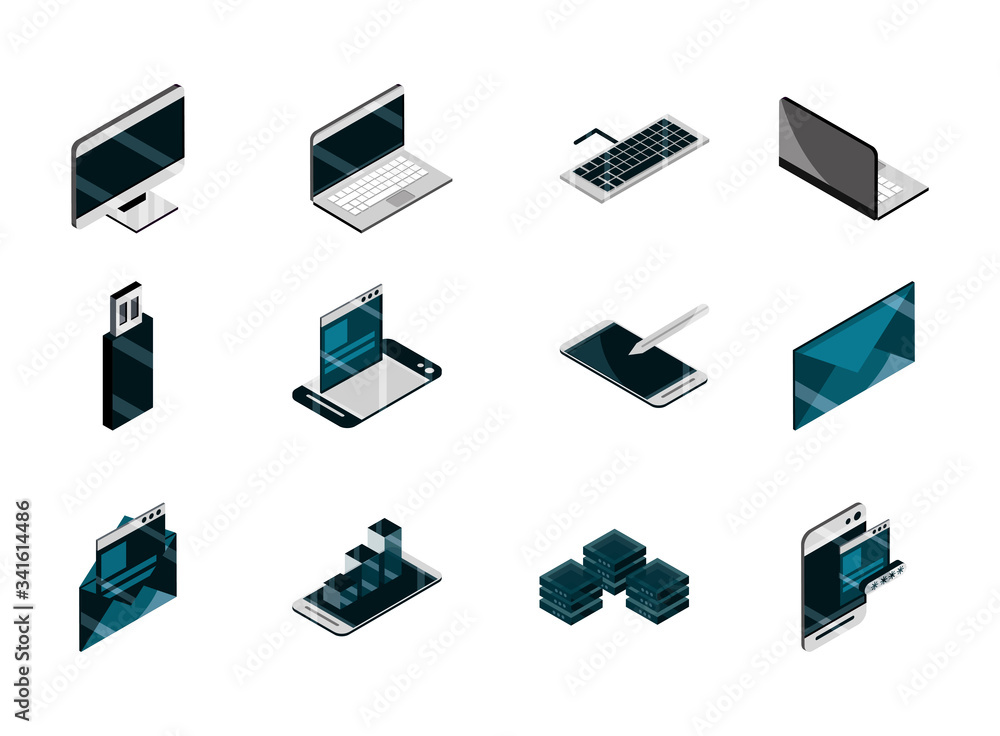 technology device gadget digital isometric isolated icons set technology device gadget digital isometric isolated icons set