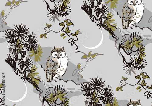 owl night vector japanese chinese nature ink illustration engraved sketch traditional textured seamless pattern colorful watercolor