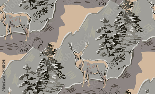 deer vector japanese chinese nature ink illustration engraved sketch traditional textured seamless pattern colorful watercolor
