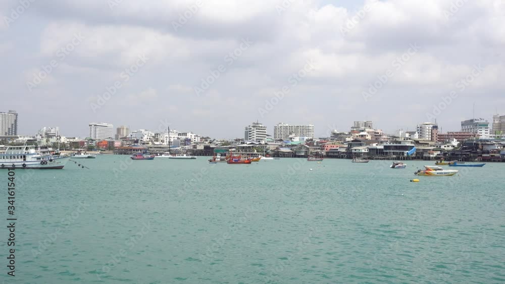 Pattaya view from the sea on the coast of the city with boats and buildings. Thailand March 2020 Pattaya view from the sea on the coast of the city with boats and buildings. Thailand March 2020