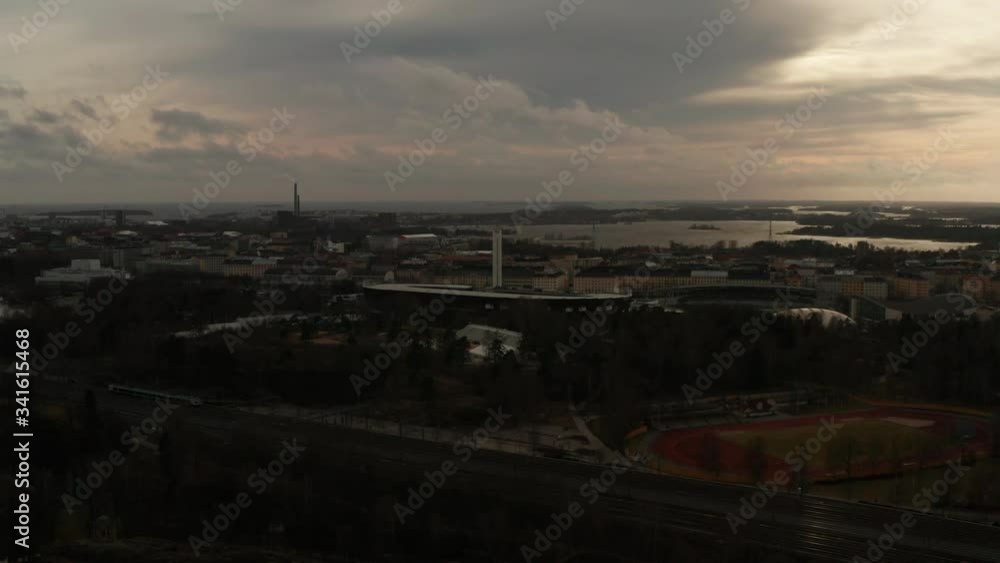 Aerial shot a nordic city in a cold evening with cloudy sky Aerial shot a nordic city in a cold evening with cloudy sky