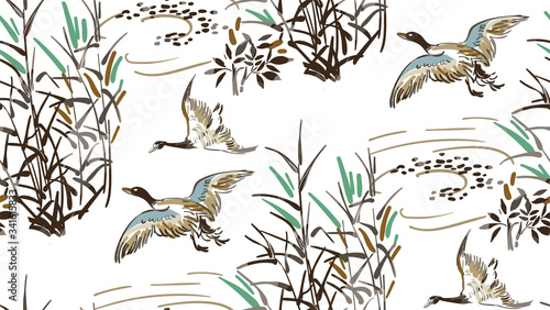 ducks fly vector japanese chinese nature ink illustration engraved sketch traditional textured seamless pattern colorful watercolor