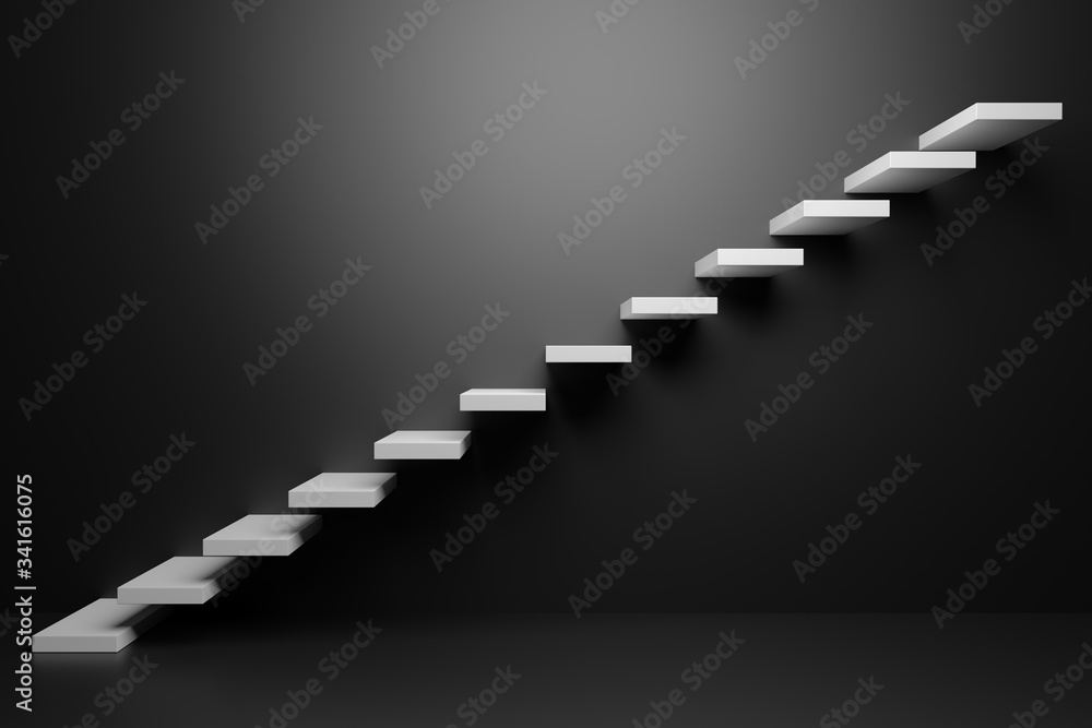 White ascending stairs in black room 3D abstract illustration White ascending stairs in black room 3D abstract illustration