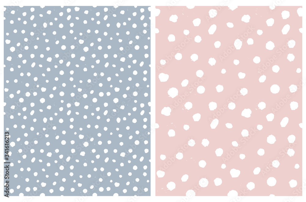 Simple Rough Dotted Seamless Vector Patterns. White Hand Drawn Brush Dots Isolated on a Pale Blue and Pastel Pink Background. Infantile Style Geometric Repeatable Print. Irregular Polka Dots Backdrop.