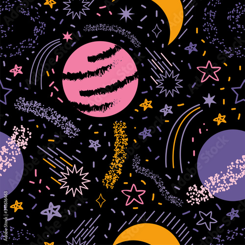 Cosmic Galaxy constellation seamless pattern. Cosmic abstract background of stars, comets, galaxies, constellations, meteorites, and planets. Starry sky. Print for textile, yoga mat, phone case.