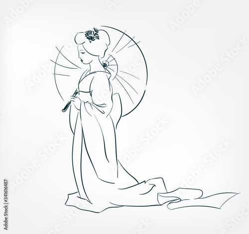 japanese girl traditional dress kimono sketch line vector illustration