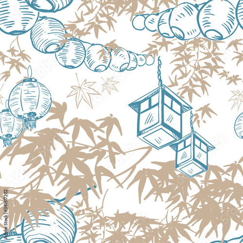japanese vector sketch design background hand drawn ink seamless pattern lights paper chinese