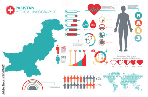 Pakistan medical healthcare infographic template with map and multiple charts